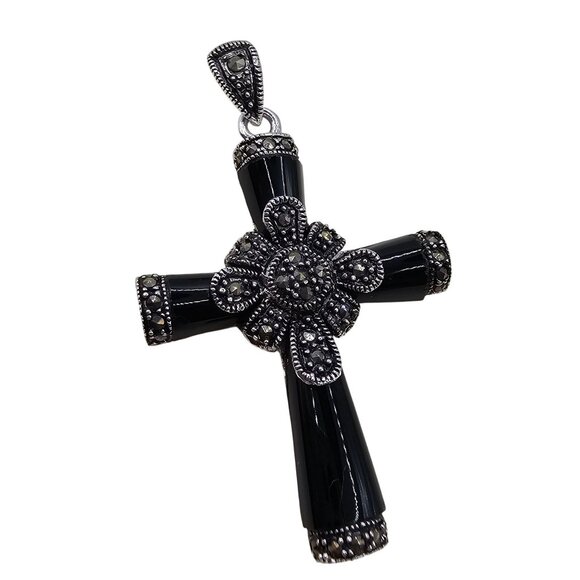 VTG Necklace Pendant Black Silver Onyx Marcasite Cross Religious Faith Gothic - Picture 4 of 14